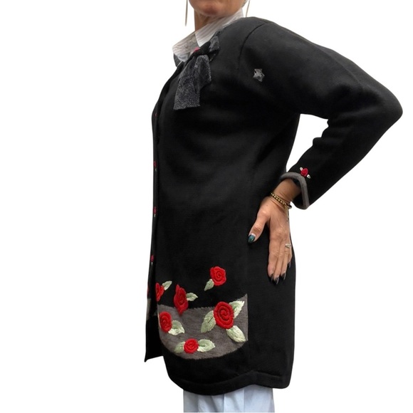 Storybook Knits Vintage Long Embroidered Rose Floral Teacher Cardigan Sweater - Picture 8 of 17